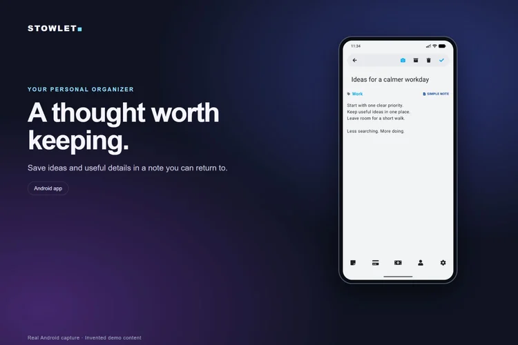 Stowlet Android notes screen with invented example content
