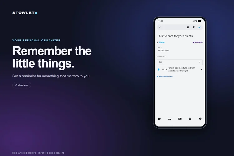 Stowlet Android reminders screen with invented example content