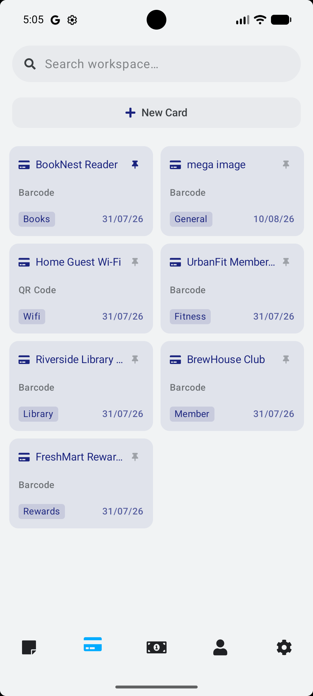Stowlet cards screen