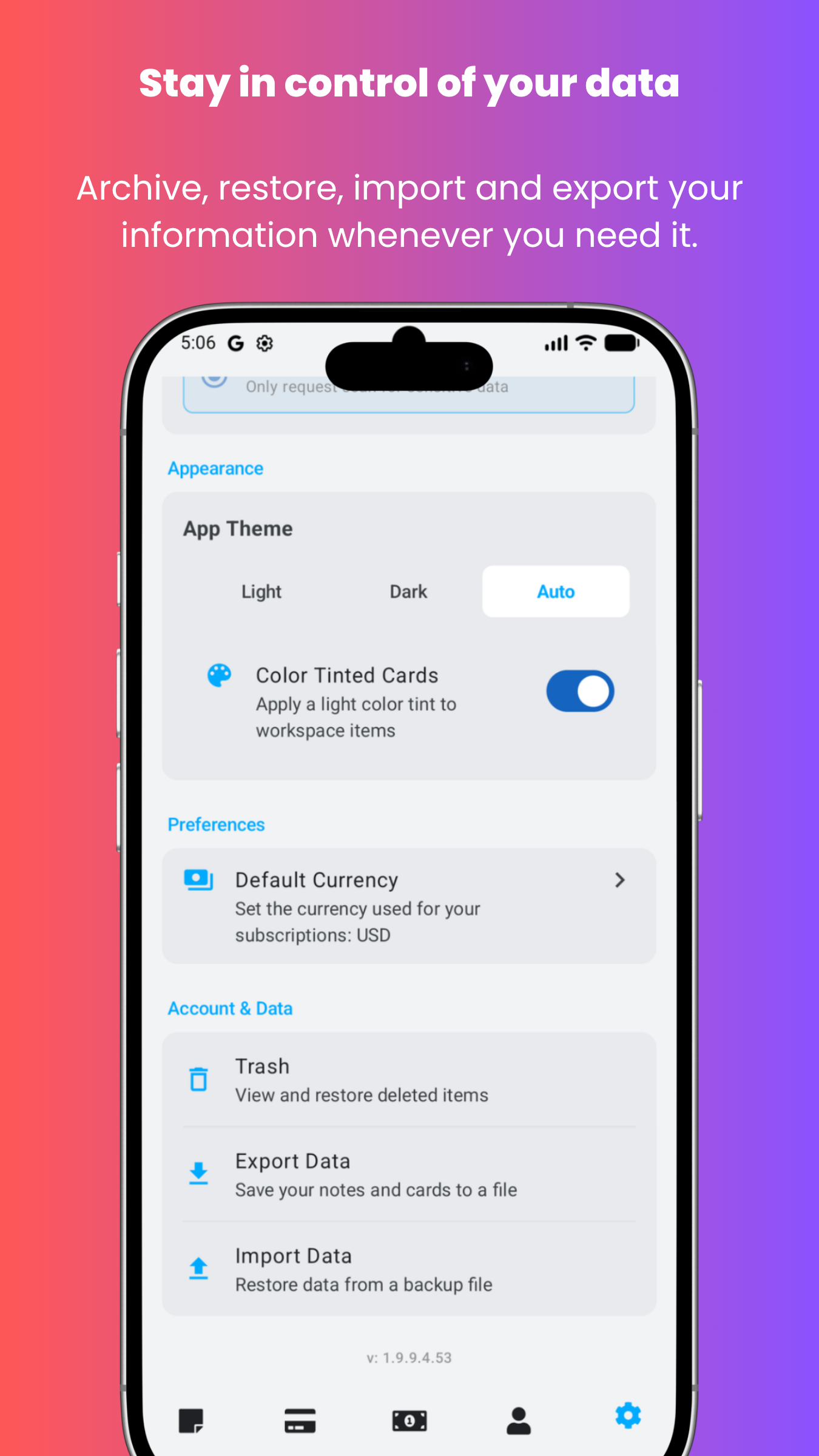 Stowlet settings screen 
